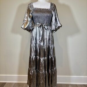 NWT a loves a Silver Metallic Foiled Tiered Smocked Maxi Dress with Puff Sleeves